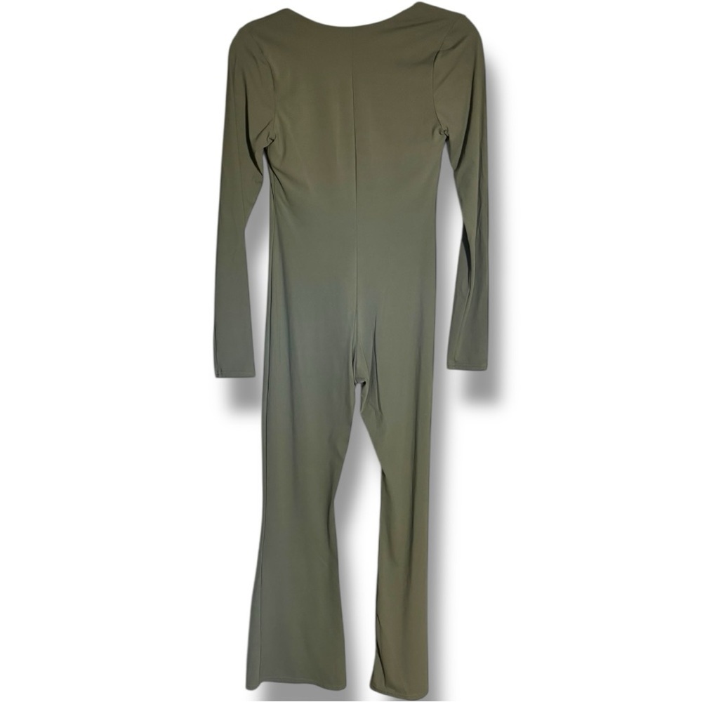 Qinsen Chic Olive Green Square Neck Flared Leg Long Sleeve Bodycon Jumpsuit - Picture 15 of 16